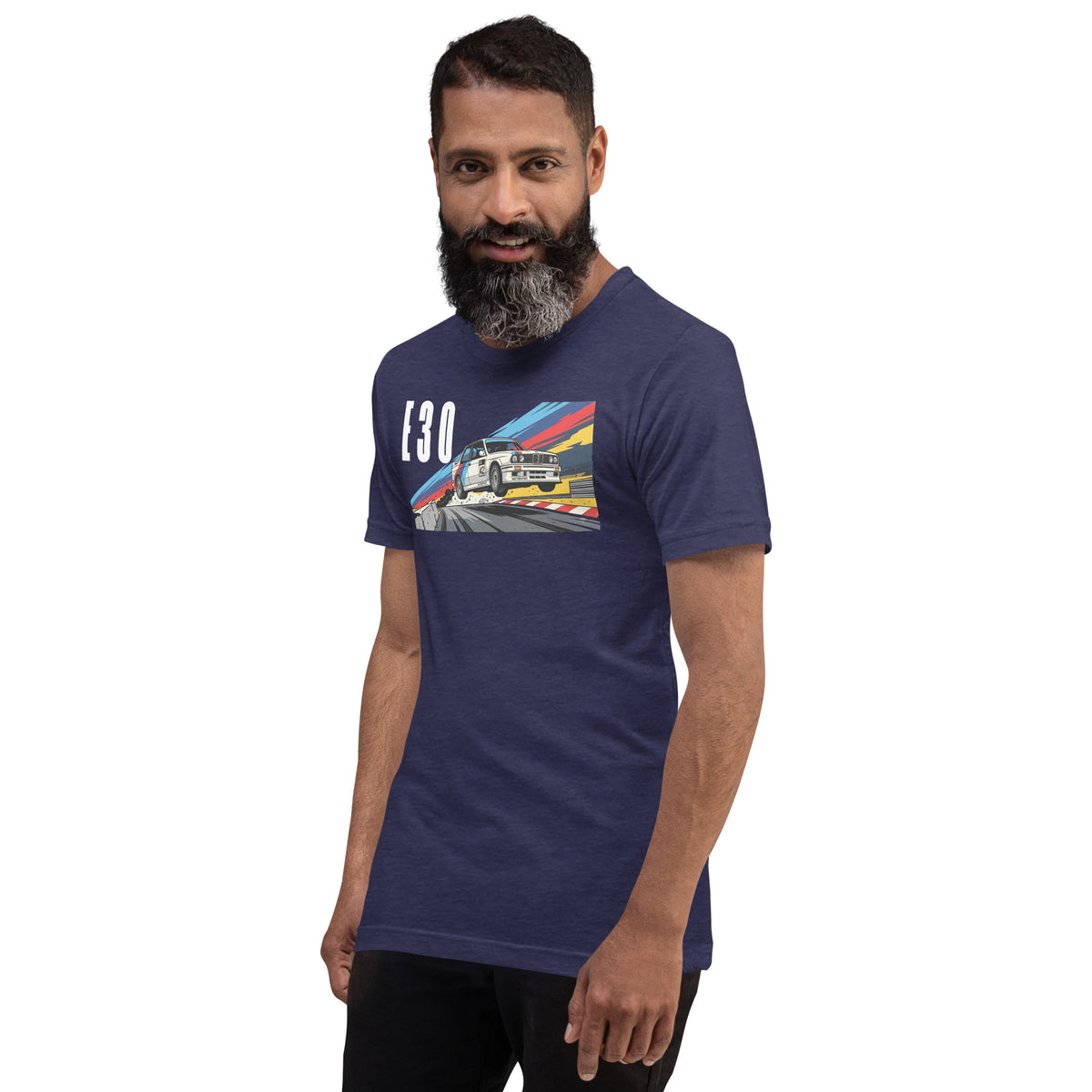 E30 Touring Car Tee — Group A Heritage graphic t-shirt, Heather Midnight Navy front view (6) — Marque automotive apparel