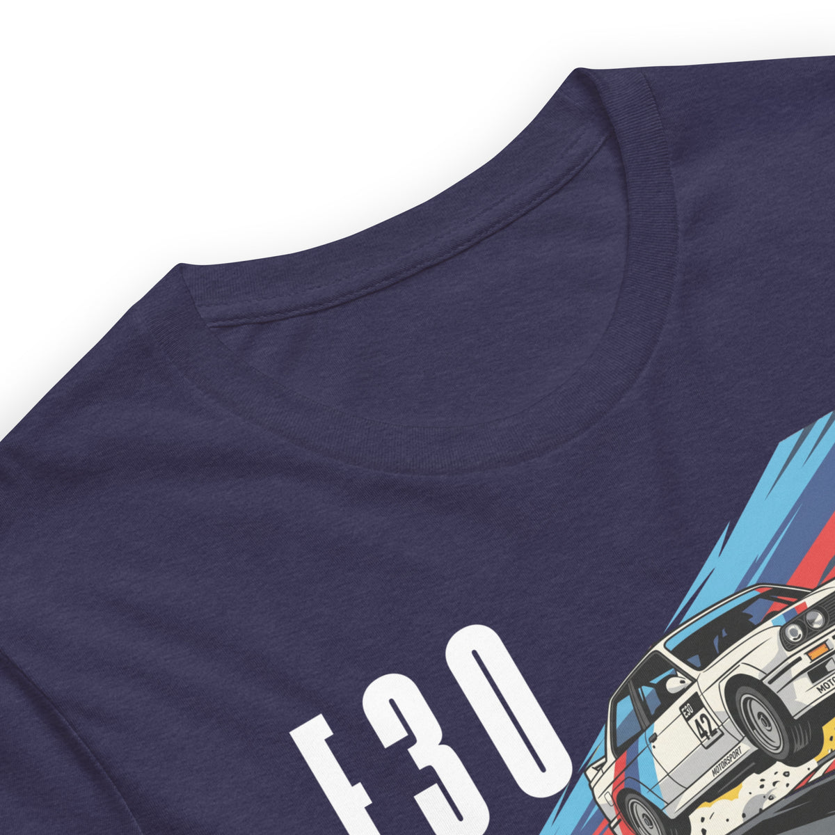E30 Touring Car Tee — Group A Heritage graphic t-shirt, Heather Midnight Navy print detail — Marque automotive apparel