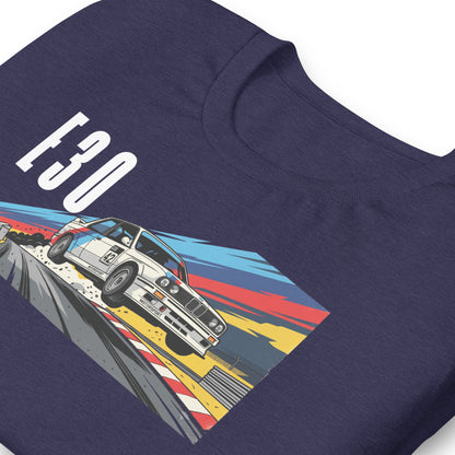 E30 Touring Car Tee — Group A Heritage graphic t-shirt, Heather Midnight Navy print detail (2) — Marque automotive apparel
