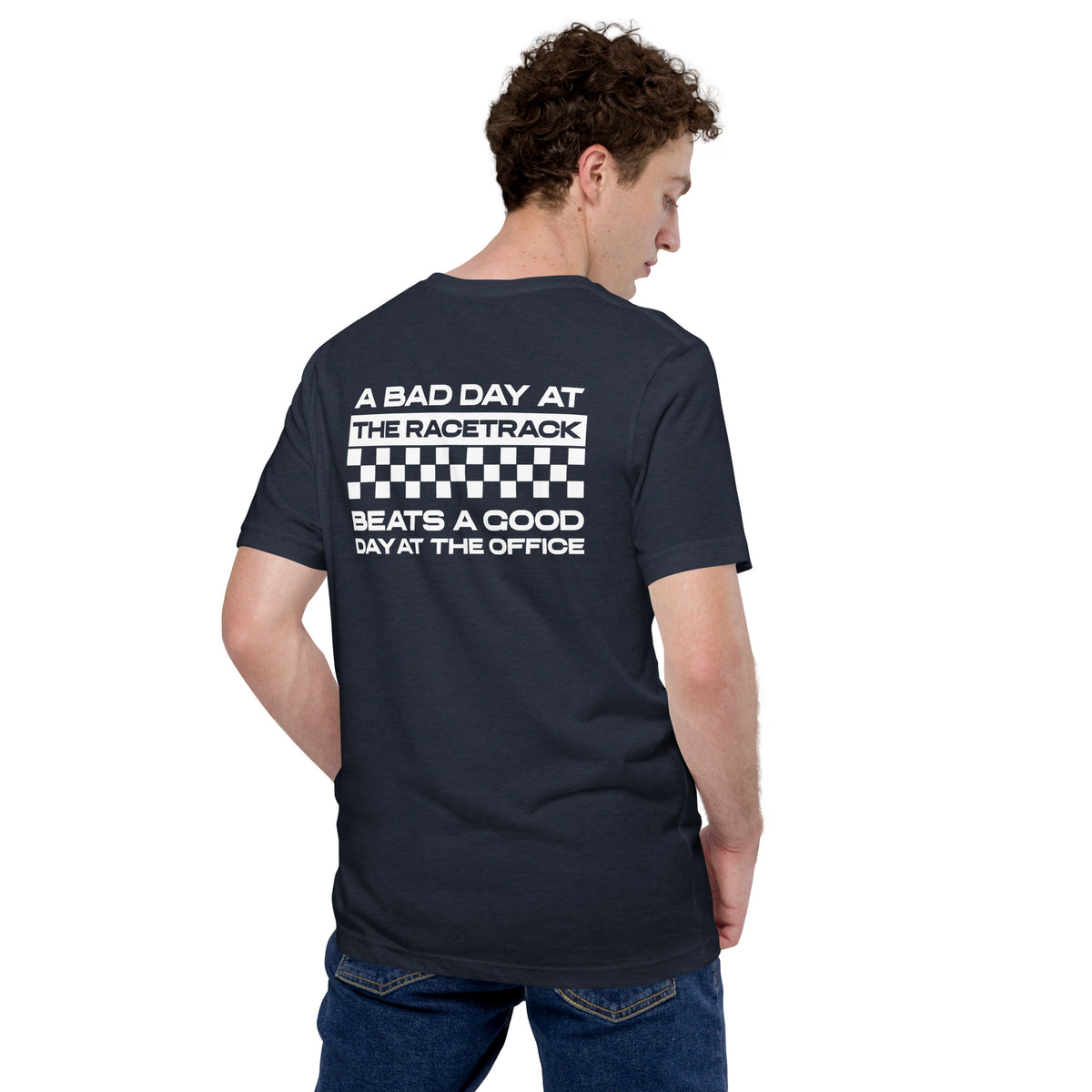 Bad Track Day Tee — Beats the Office graphic t-shirt, Heather Navy back view — Marque automotive apparel