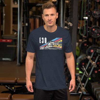E30 Touring Car Tee — Group A Heritage graphic t-shirt, Navy front view — Marque automotive apparel