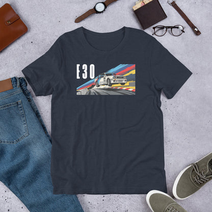 E30 Touring Car Tee — Group A Heritage graphic t-shirt, Navy front view (2) — Marque automotive apparel