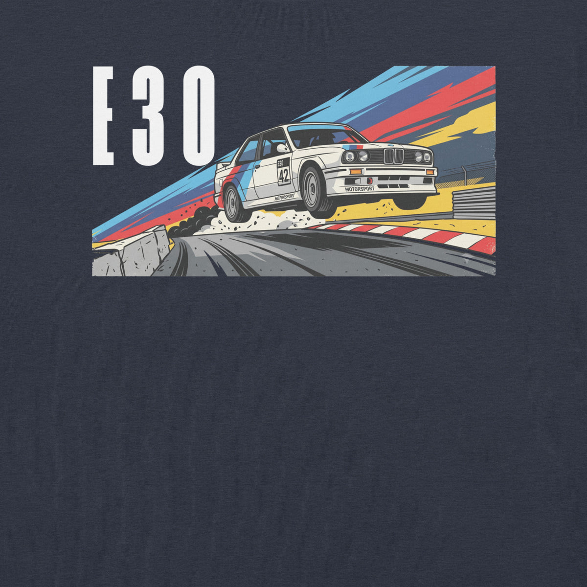 E30 Touring Car Tee — Group A Heritage graphic t-shirt, Navy front view (5) — Marque automotive apparel