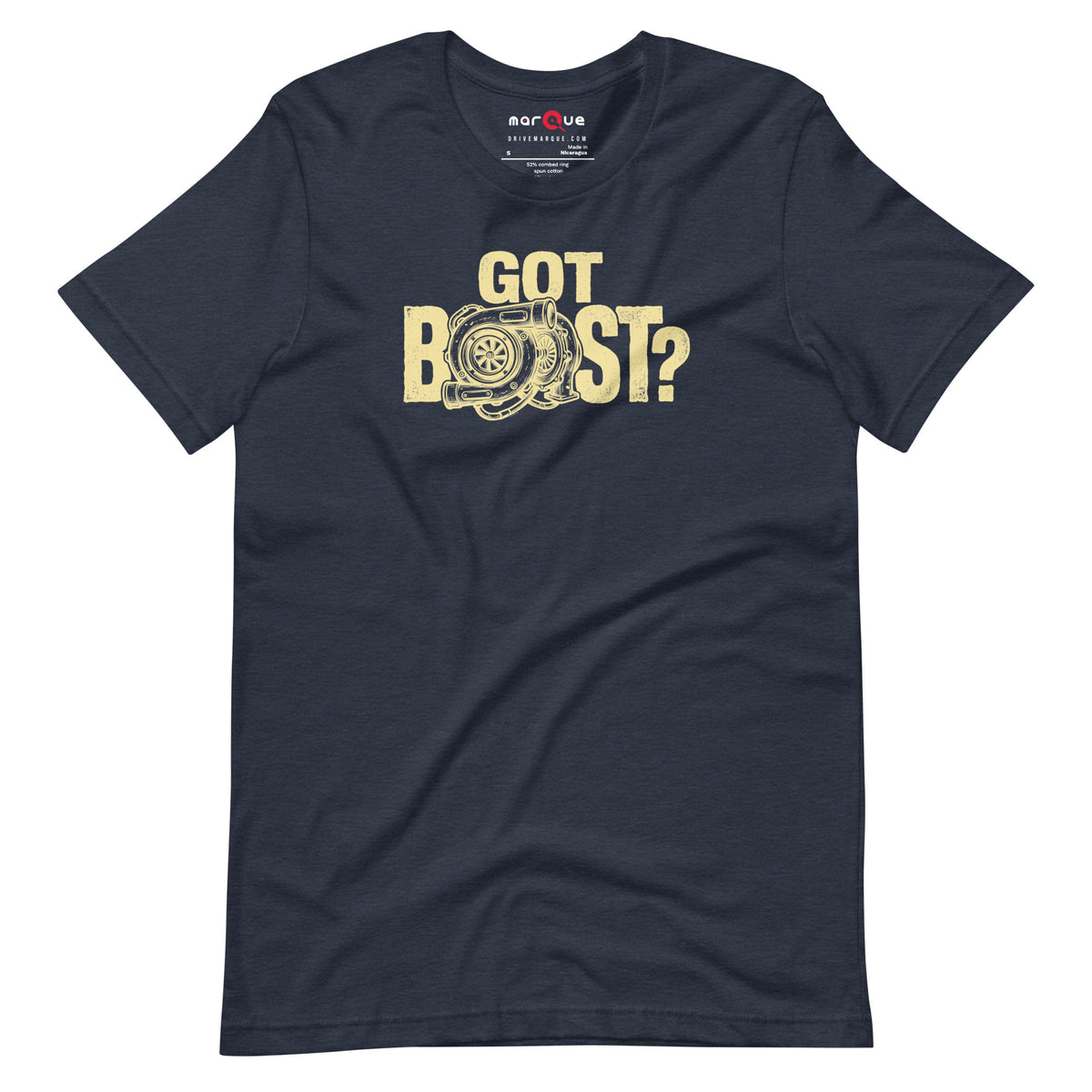 Got Boost tee, Heather Navy front view — Marque automotive apparel