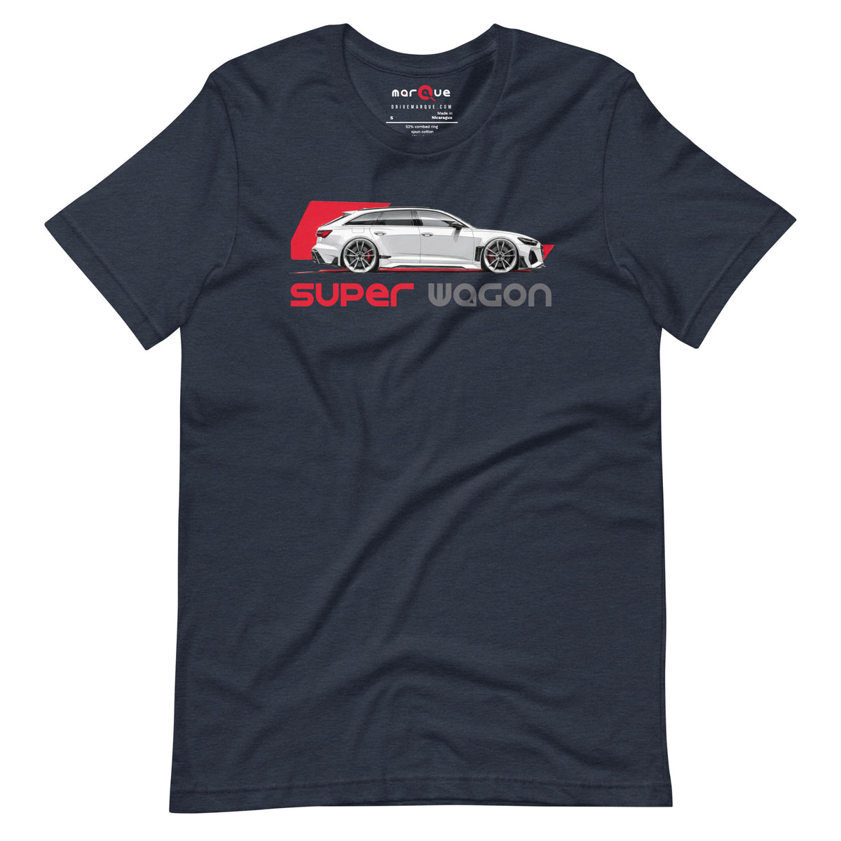 Super Wagon Tee, Heather Navy front view — wide-arch super-estate side profile print, Marque automotive apparel