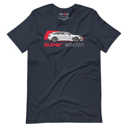 Super Wagon Tee, Heather Navy front view — wide-arch super-estate side profile print, Marque automotive apparel