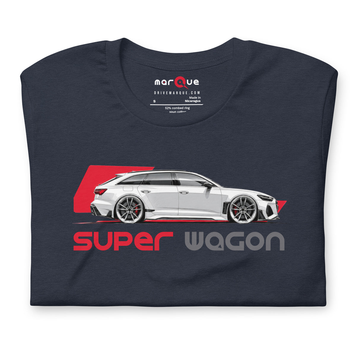 Super Wagon Tee, Heather Navy — folded flat lay, front print detail, Marque automotive apparel