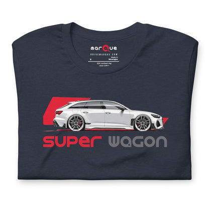 Super Wagon Tee, Heather Navy — folded flat lay, front print detail, Marque automotive apparel