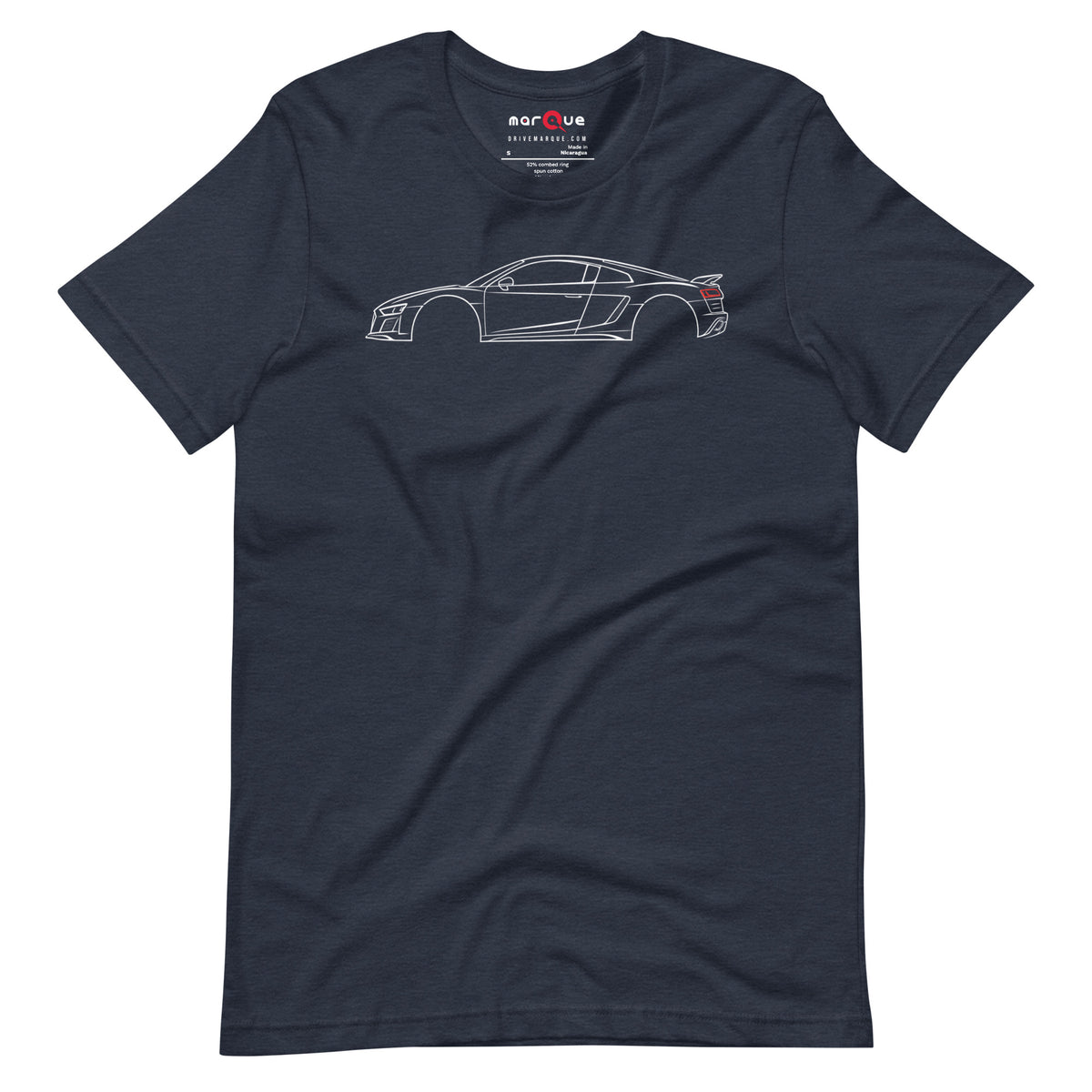 Heather Navy V10 t-shirt — mid-engine coupe drawn as a single-weight line study