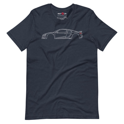 Heather Navy V10 t-shirt — mid-engine coupe drawn as a single-weight line study