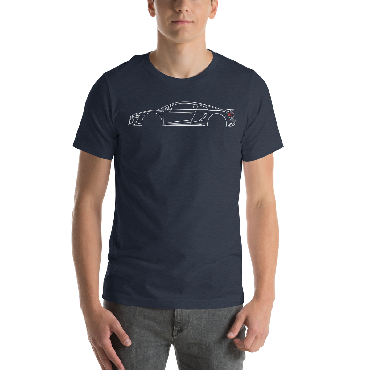 Heather Navy V10 tee worn front-on, line drawing centred on the chest