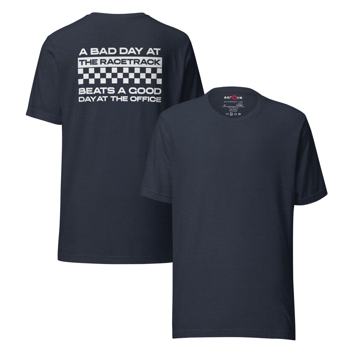 Bad Track Day Tee — Beats the Office graphic t-shirt, Heather Navy front and back — Marque automotive apparel