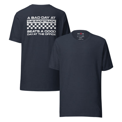 Bad Track Day Tee — Beats the Office graphic t-shirt, Heather Navy front and back — Marque automotive apparel