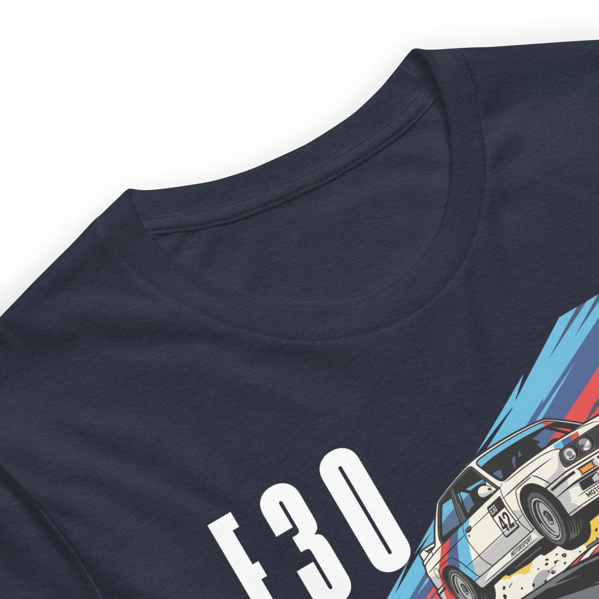 E30 Touring Car Tee — Group A Heritage graphic t-shirt, Navy print detail — Marque automotive apparel