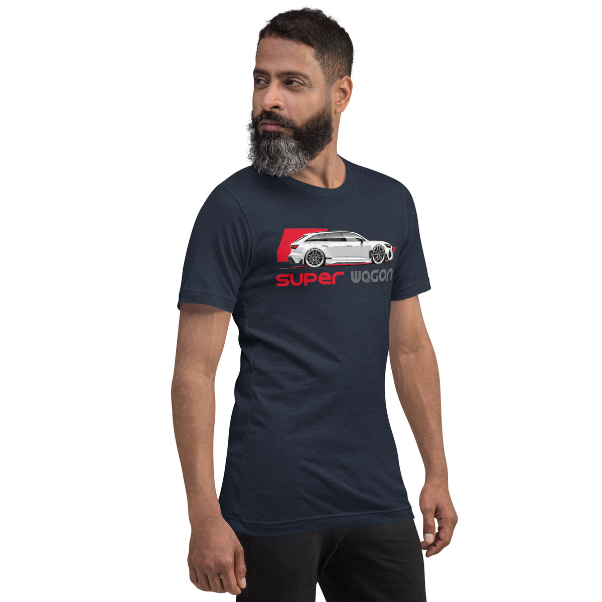 Super Wagon Tee, Heather Navy — worn right front three-quarter view, Marque automotive apparel