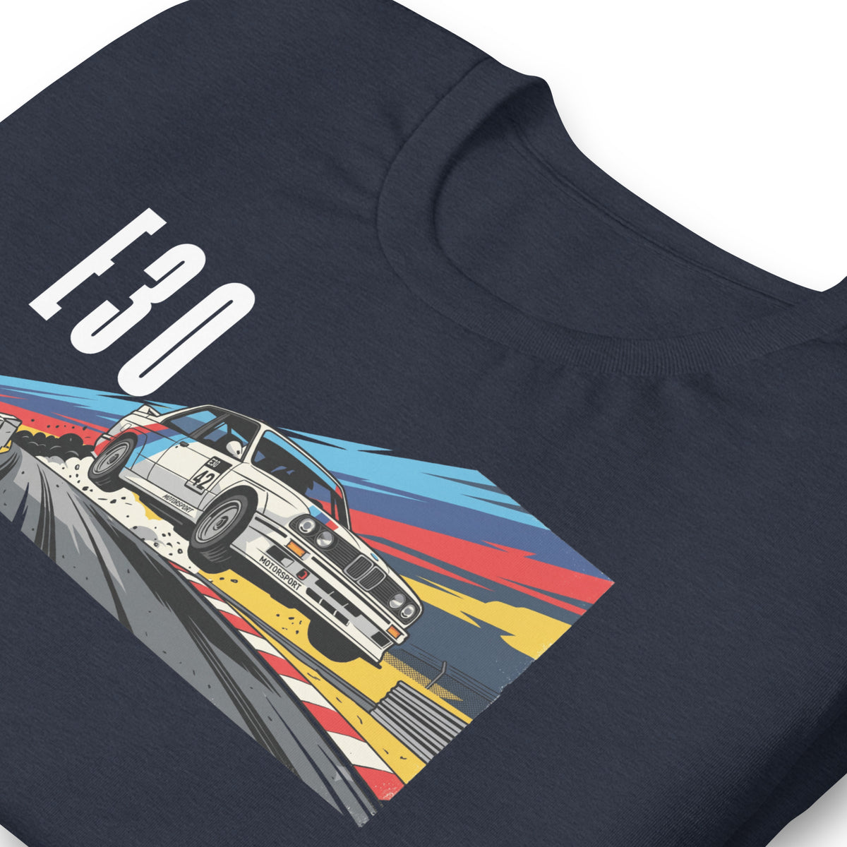 E30 Touring Car Tee — Group A Heritage graphic t-shirt, Navy print detail (2) — Marque automotive apparel