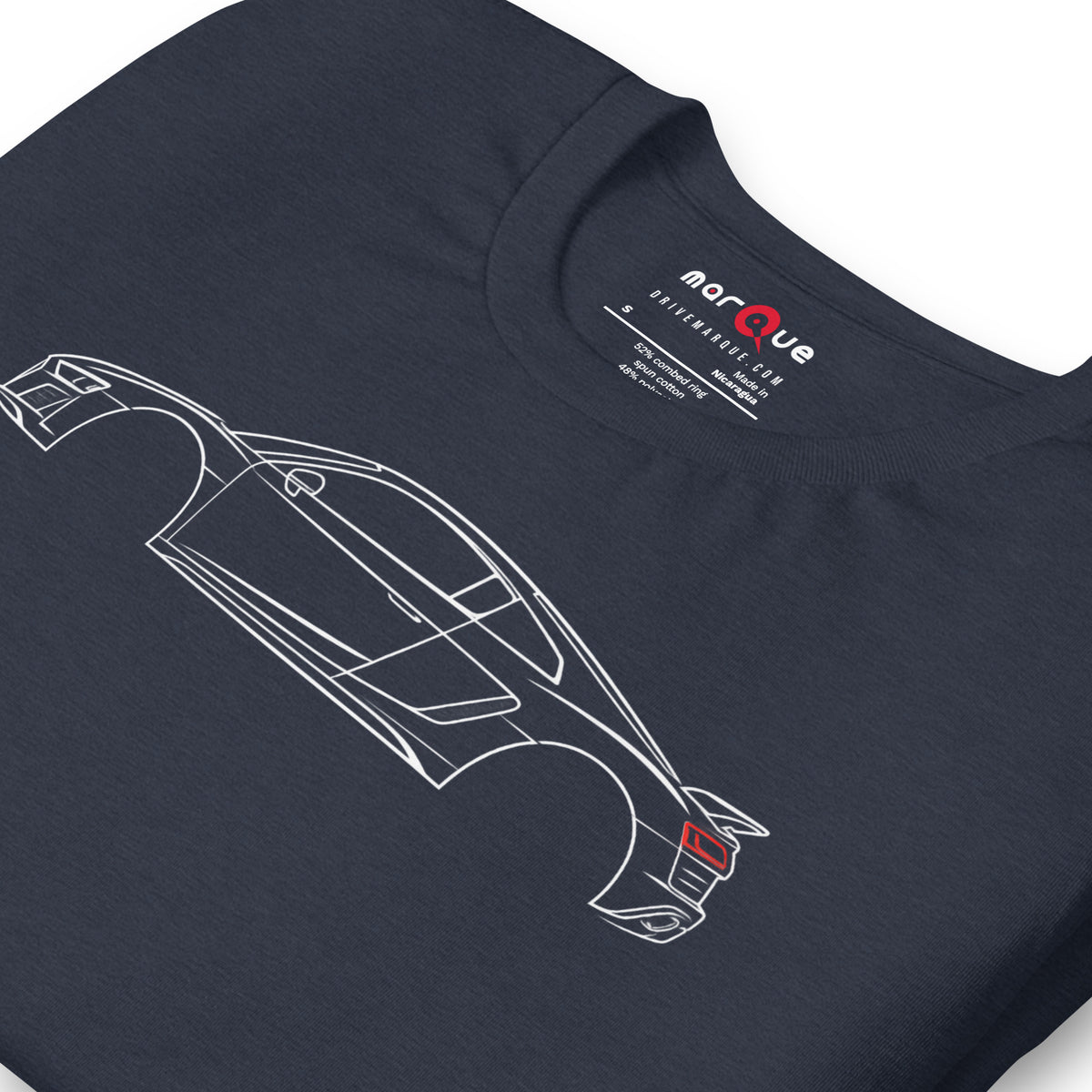 Close-up of the V10 line print on Heather Navy, showing the roofline dropping into the rear deck
