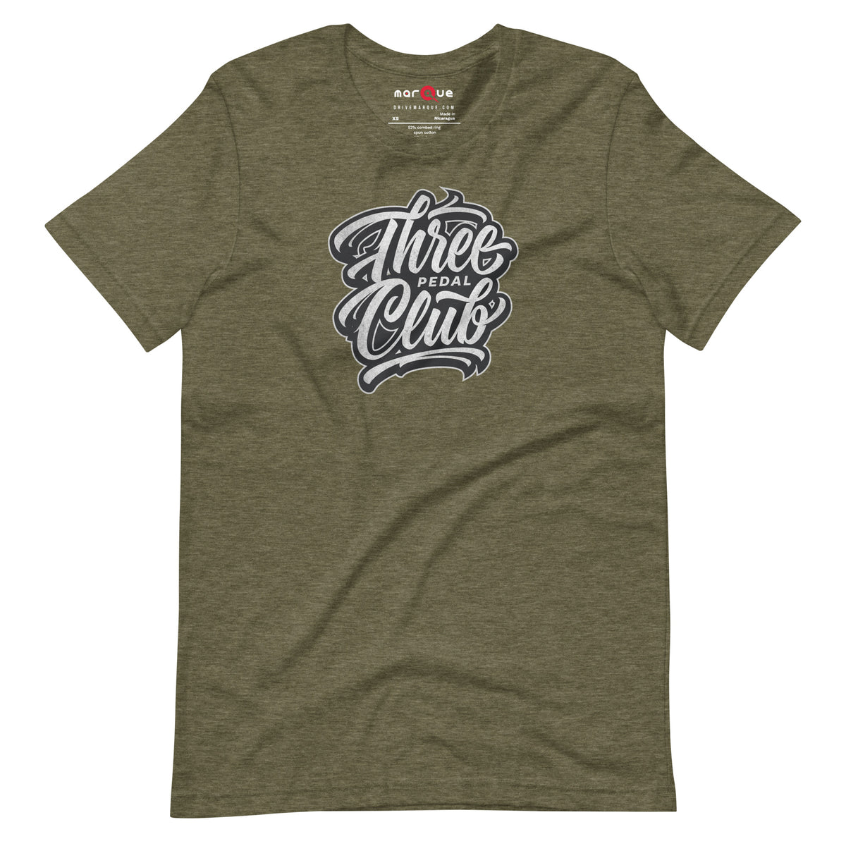 Three Pedal Club Tee — Manual Only graphic t-shirt, Heather Olive front view — Marque automotive apparel