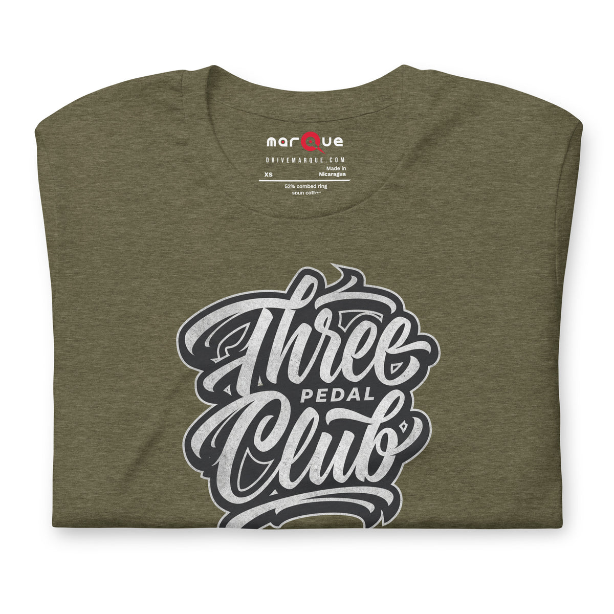 Three Pedal Club Tee — Manual Only graphic t-shirt, Heather Olive front view (2) — Marque automotive apparel