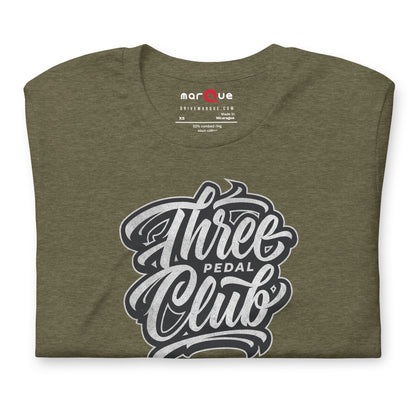 Three Pedal Club Tee — Manual Only graphic t-shirt, Heather Olive front view (2) — Marque automotive apparel