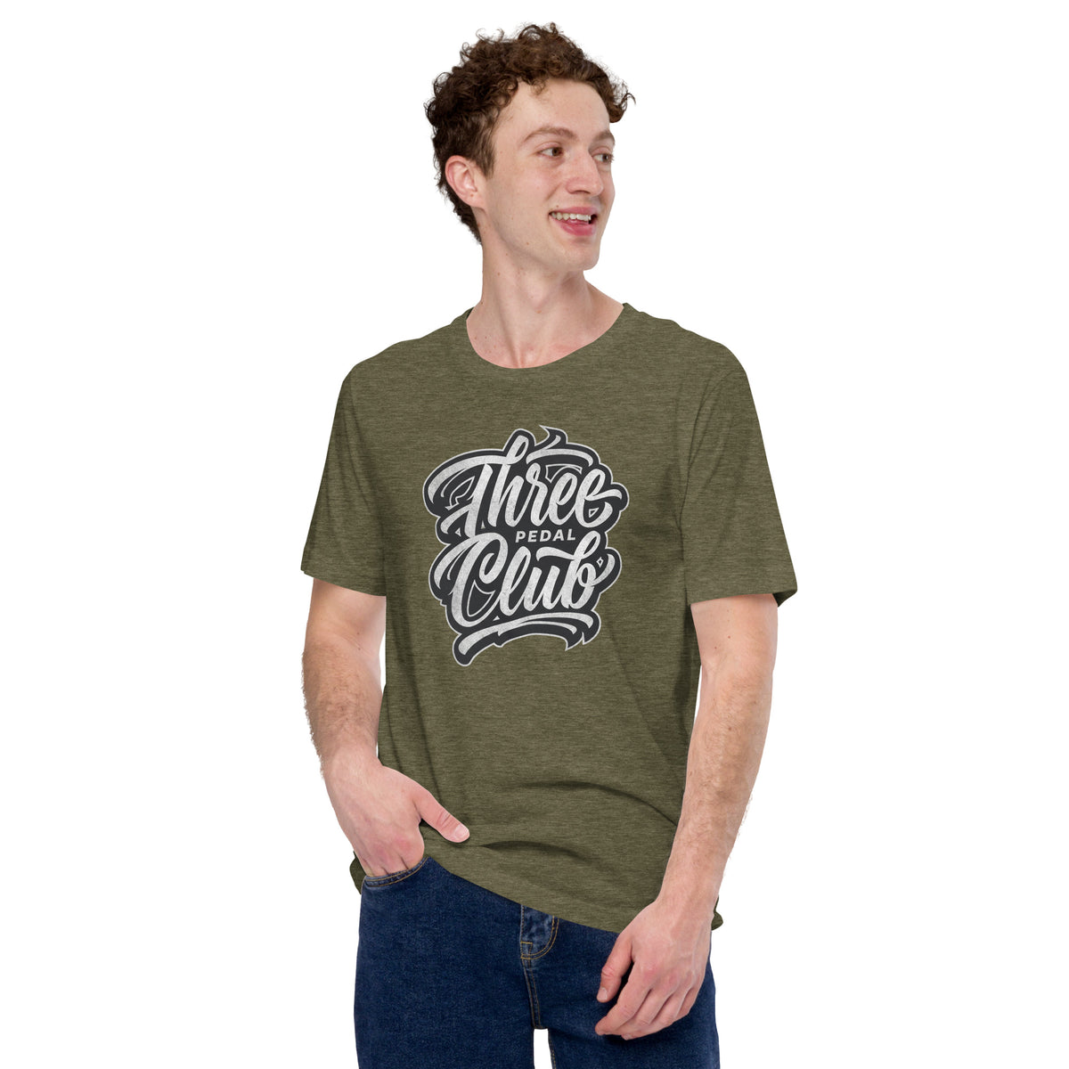 Three Pedal Club Tee — Manual Only graphic t-shirt, Heather Olive front view (3) — Marque automotive apparel