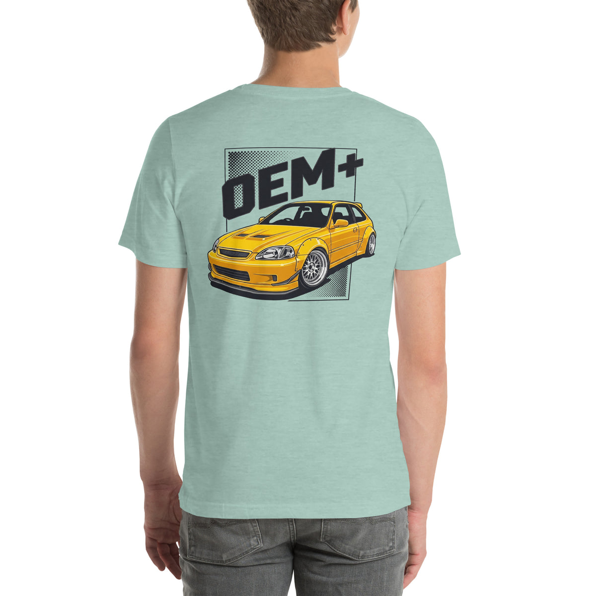 OEM+ tee, Heather Prism Dusty Blue back view — Marque automotive apparel