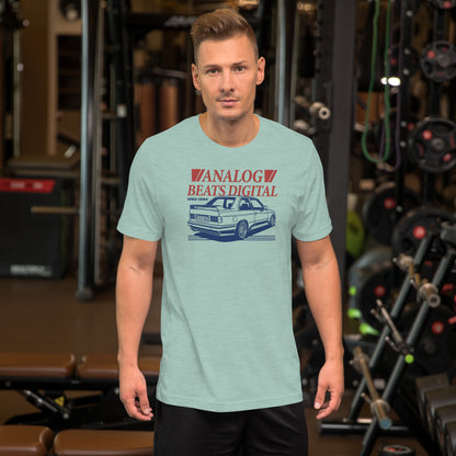Analog Beats Digital tee, Heather Prism Dusty Blue front view — Marque automotive apparel (2)
