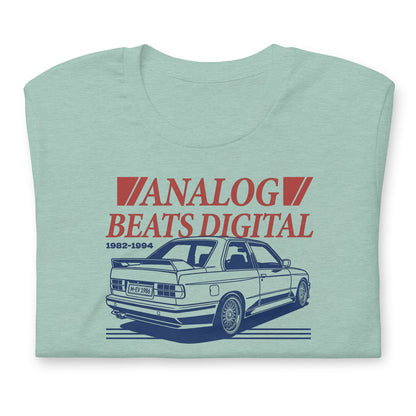 Analog Beats Digital tee, Heather Prism Dusty Blue front view — Marque automotive apparel