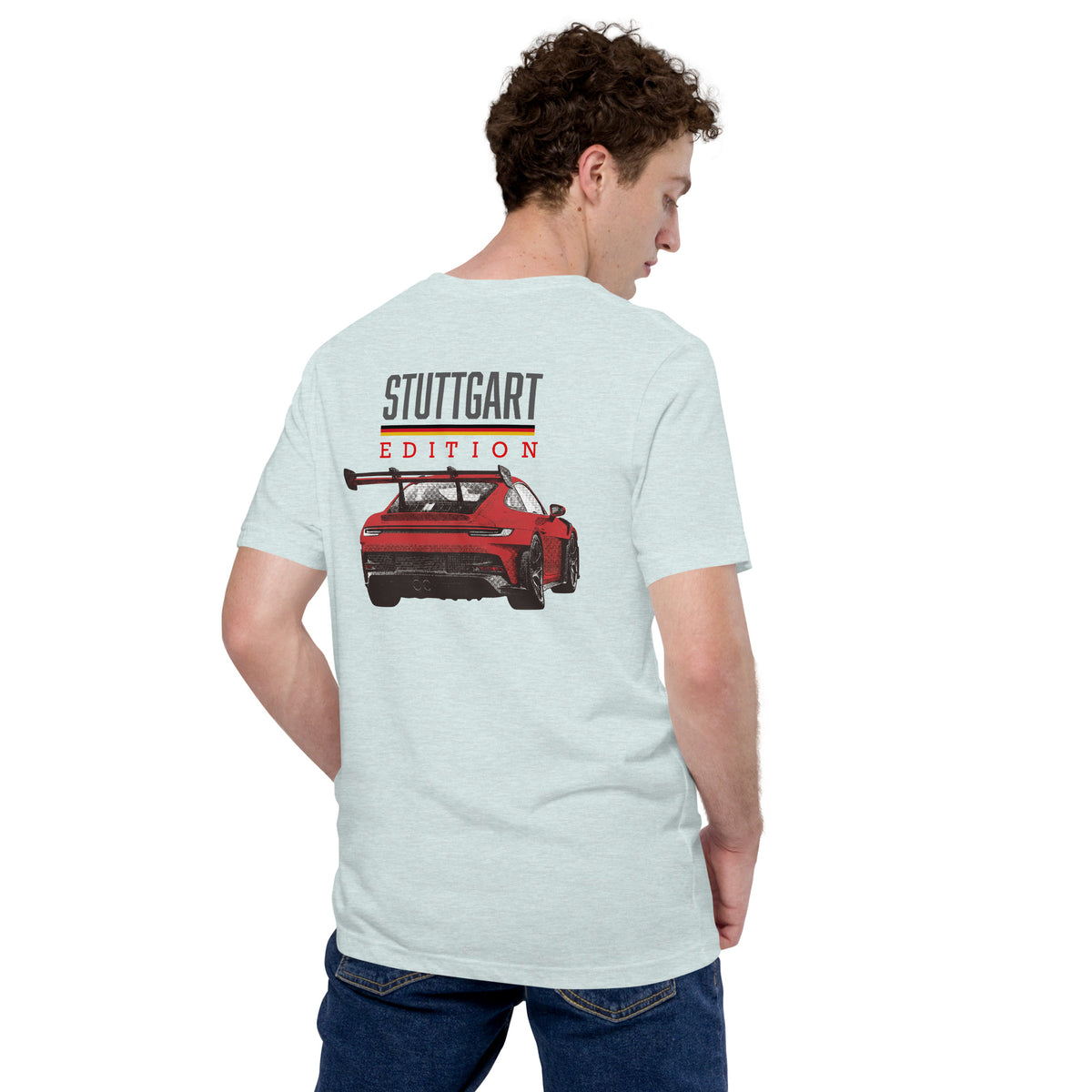 Stuttgart Edition Tee — German Precision graphic t-shirt, Heather Prism Ice Blue back view (2) — Marque automotive apparel