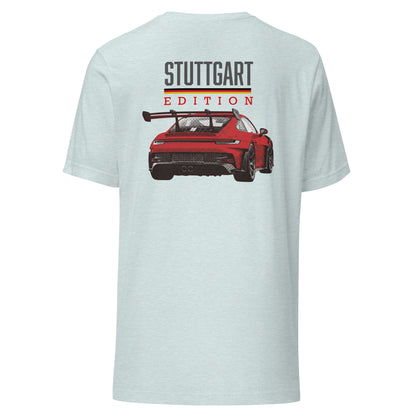 Stuttgart Edition Tee — German Precision graphic t-shirt, Heather Prism Ice Blue back view — Marque automotive apparel