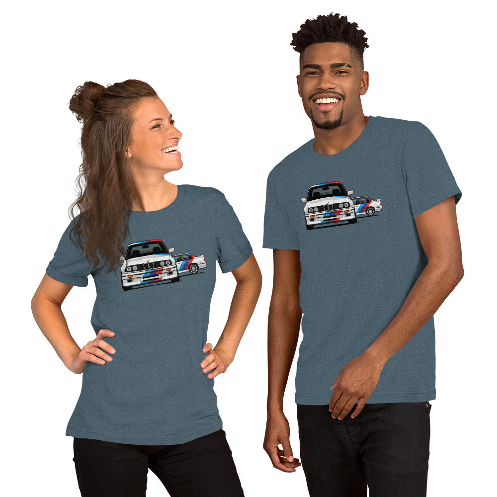 E30 Box Flare Tee — Widebody Icon graphic t-shirt, Heather Slate front view (2) — Marque automotive apparel