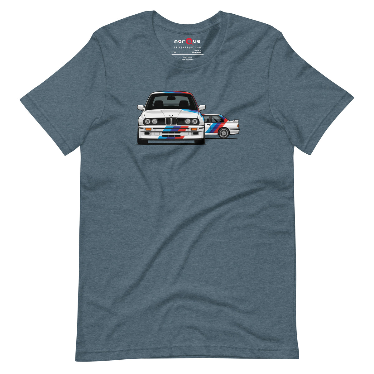 E30 Box Flare Tee — Widebody Icon graphic t-shirt, Heather Slate front view — Marque automotive apparel