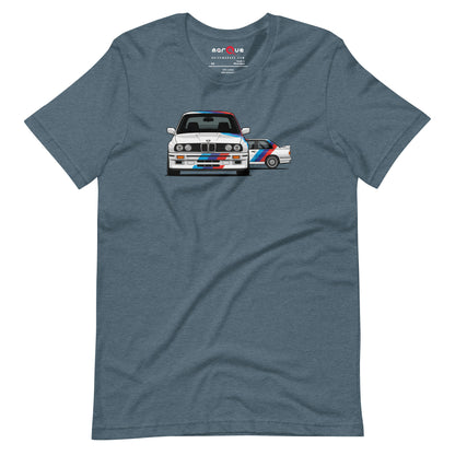 E30 Box Flare Tee — Widebody Icon graphic t-shirt, Heather Slate front view — Marque automotive apparel