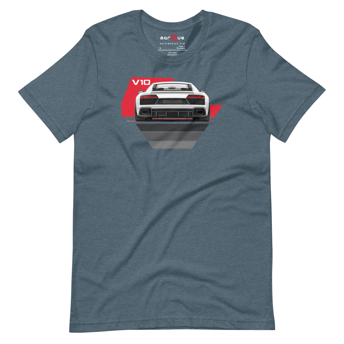The Sensible Supercar Tee, Heather Slate front view — mid-engined V10 rear-view print, Marque automotive apparel