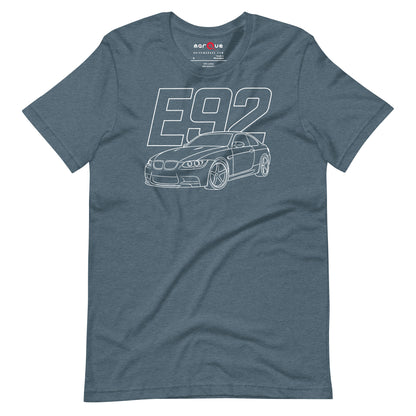 E92 Tee — Naturally Aspirated V8, Heather Slate front view — rear three-quarter line study, Marque automotive apparel