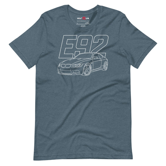 E92 Tee — Naturally Aspirated V8, Heather Slate front view — rear three-quarter line study, Marque automotive apparel