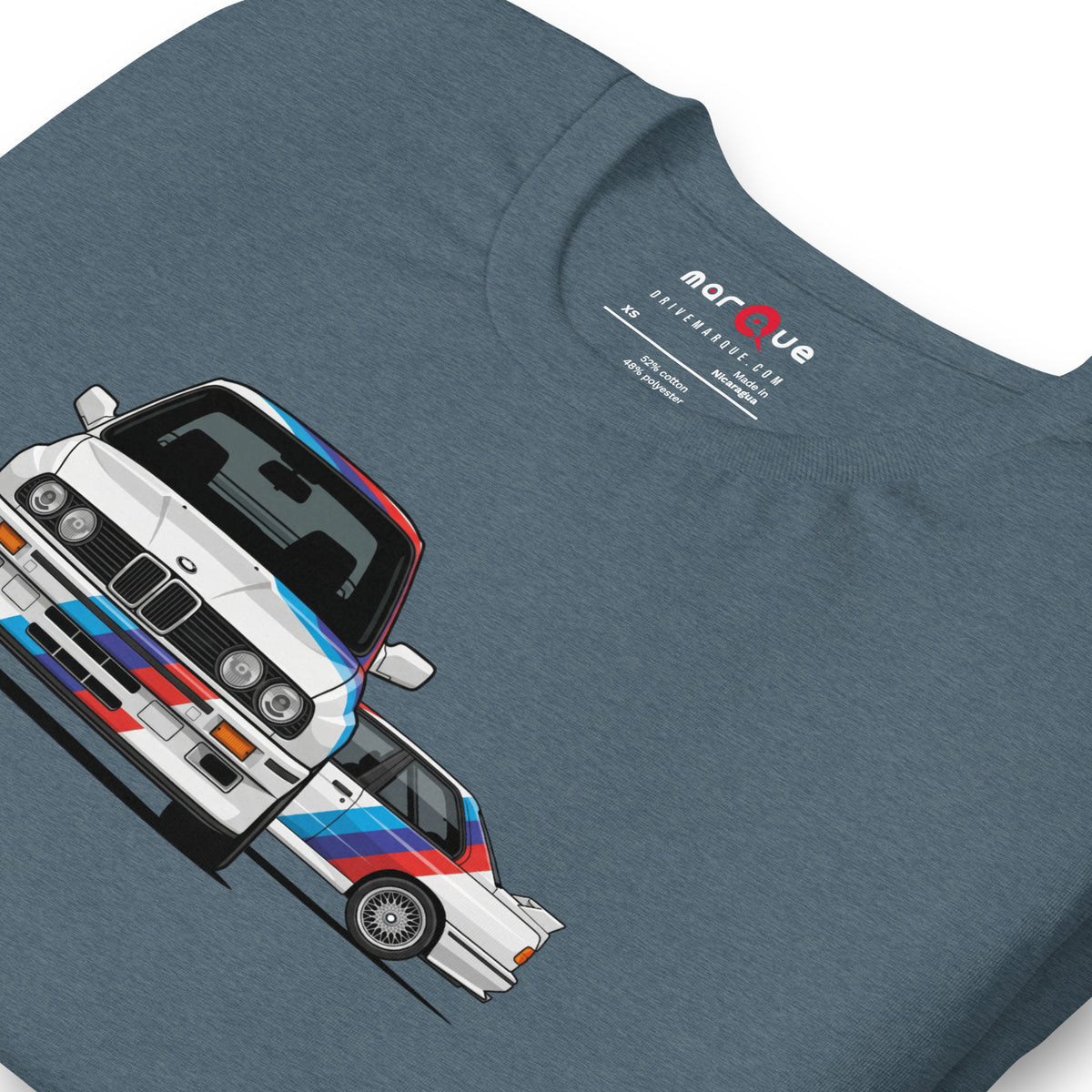 E30 Box Flare Tee — Widebody Icon graphic t-shirt, Heather Slate print detail — Marque automotive apparel