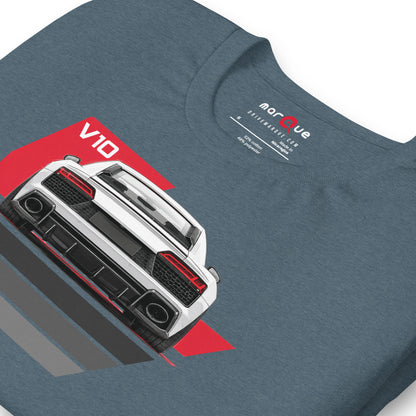 The Sensible Supercar Tee, Heather Slate — front print detail, V10 supercar rear view, Marque automotive apparel