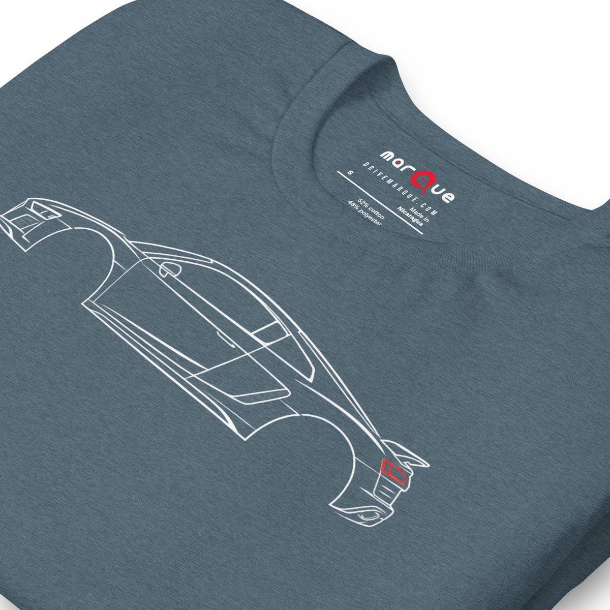 Close-up of the V10 line print on Heather Slate, fine white outline on heathered cloth