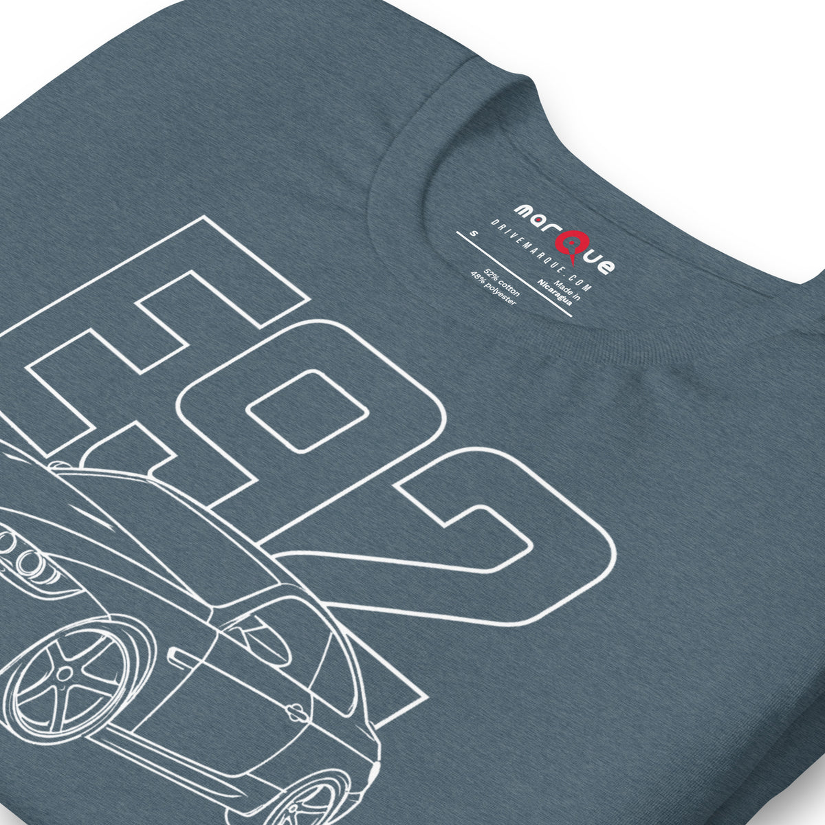 E92 Tee — Naturally Aspirated V8, Heather Slate print detail — outlined chassis numerals and quad tips, Marque automotive apparel