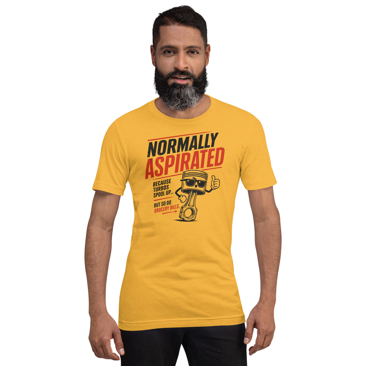Heather Yellow Gold normally aspirated tee worn front-on, piston mascot and punchline visible