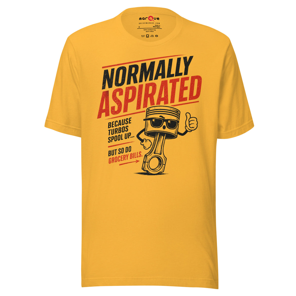 Heather Yellow Gold normally aspirated t-shirt — red and black garage humor print