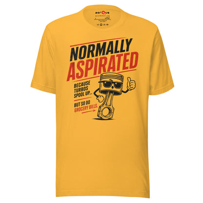 Heather Yellow Gold normally aspirated t-shirt — red and black garage humor print