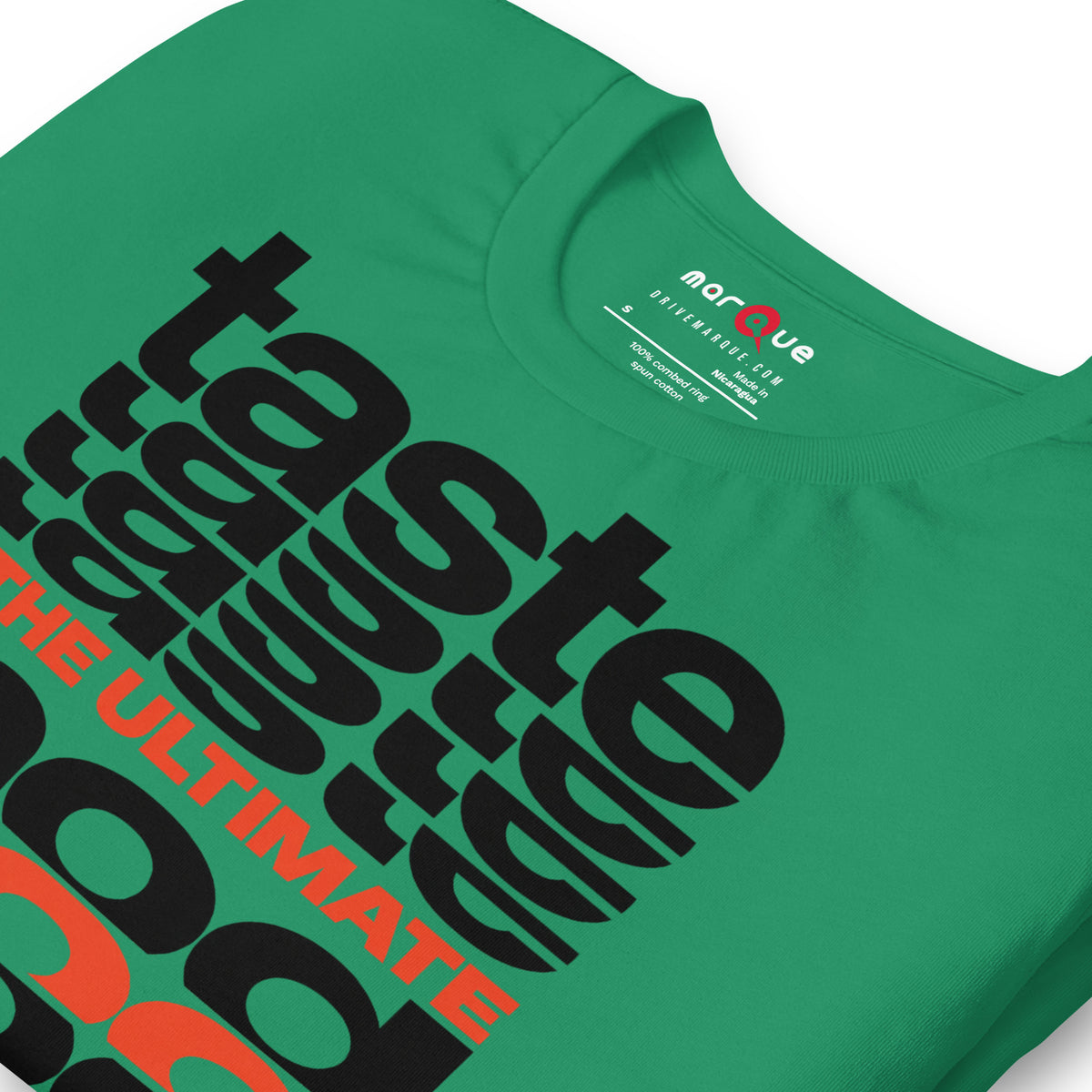 Taste Is The Ultimate Mod Tee, Kelly print detail — Marque automotive apparel