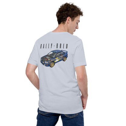 Rally-Bred Tee, Light Blue — worn back view showing the rally cutaway print, Marque automotive apparel