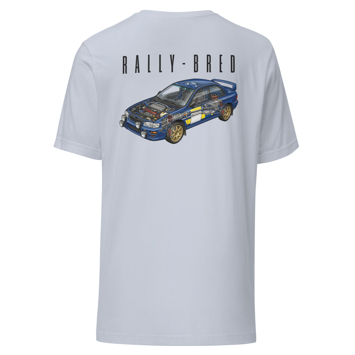 Rally-Bred Tee, Light Blue back view — 90s rally car cutaway back print, Marque automotive apparel