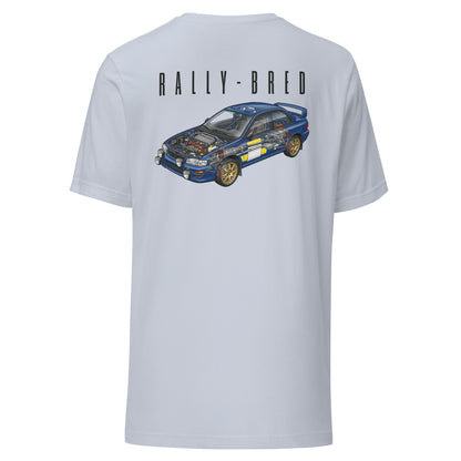 Rally-Bred Tee, Light Blue back view — 90s rally car cutaway back print, Marque automotive apparel