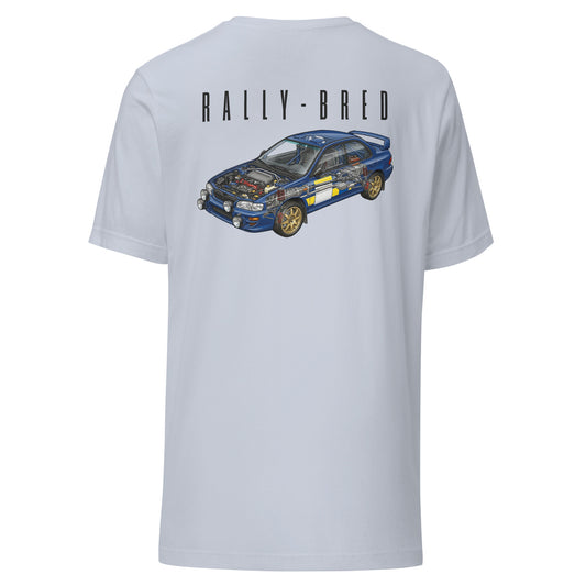 Rally-Bred Tee, Light Blue back view — 90s rally car cutaway back print, Marque automotive apparel