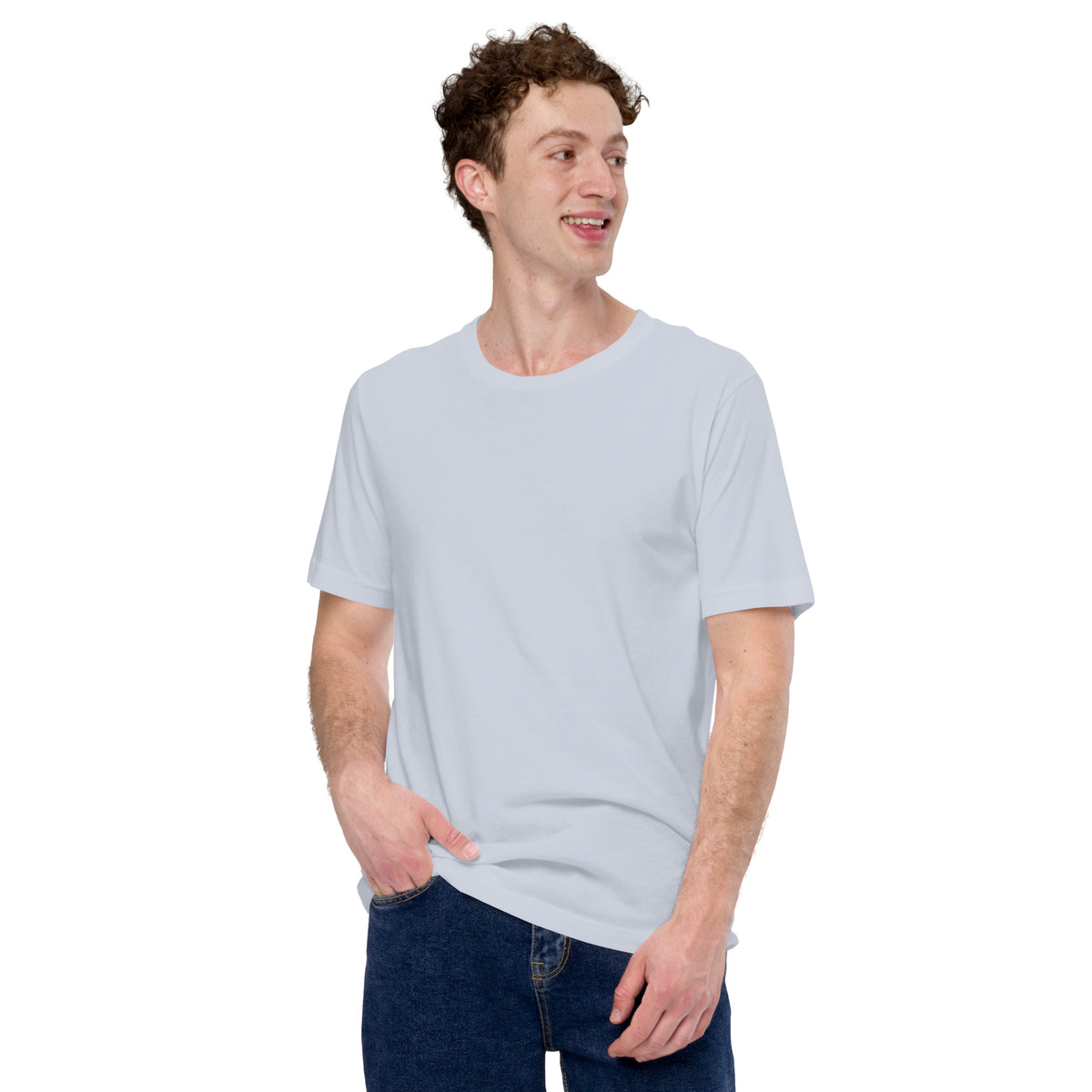 Rally-Bred Tee, Light Blue — worn front view, plain front, Marque automotive apparel