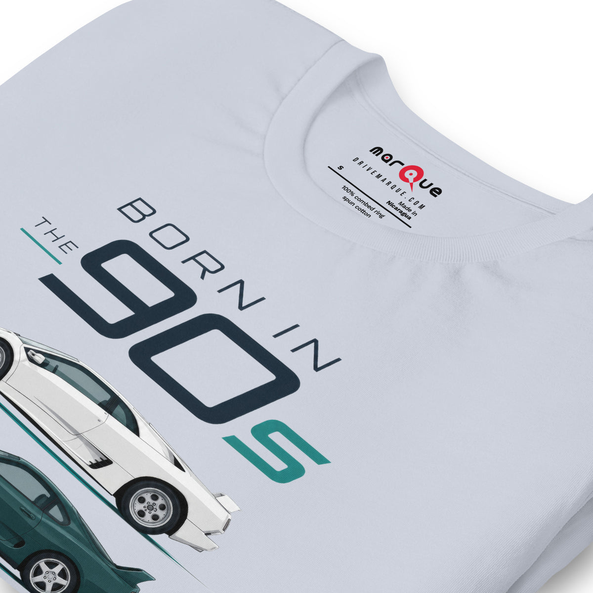 Born in the 90s tee, Light Blue print detail — Marque automotive apparel